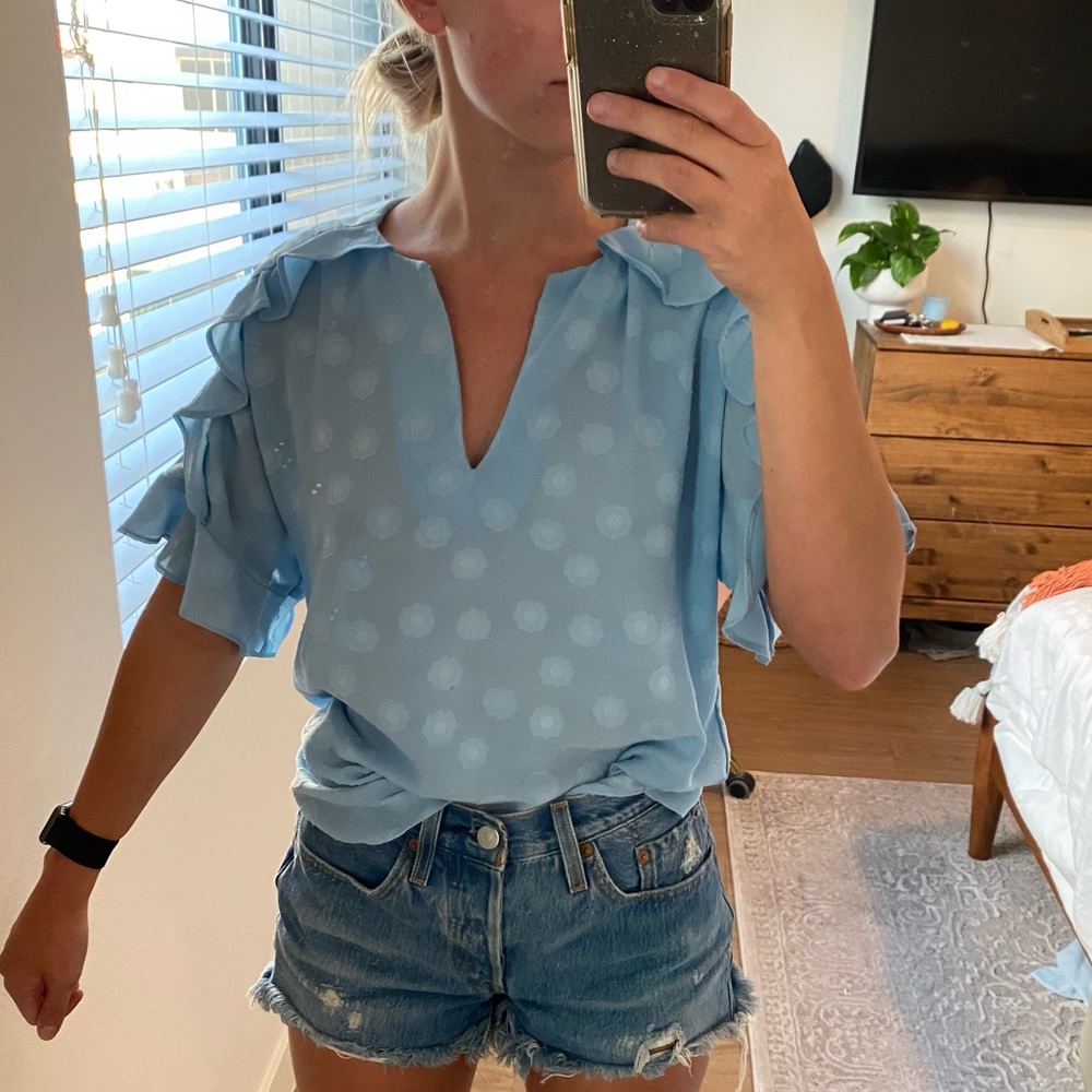 baby blue flower short sleeve blouse